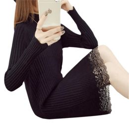 Casual Dresses Autumn Winter Turtleneck Sweater Dress Women Beading Knitted Warm Pullover Lace Knitting Vestidos PZ034