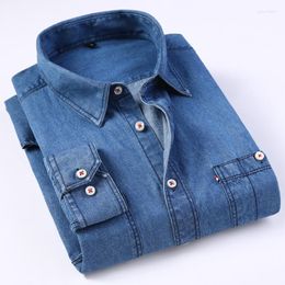 Men's Casual Shirts Mens Denim Shirt Fashion Regualr Double Pocket Cotton Jeans Long Sleeve Blue Cowboy Clothing