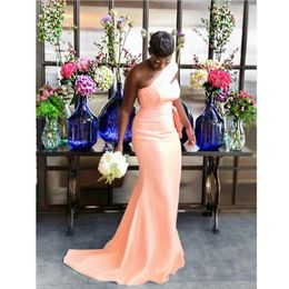 Peach Sexy Mermaid Bridesmaid Dresses for African Black Girl One Shoulder Long Satin Wedding Party Dress Women Formal Gowns