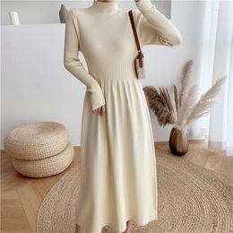 Casual Dresses Winter Simple A-line Knitted Pullover Dress Women Elegant Turtleneck Warm Sweater Female Solid Vestidos