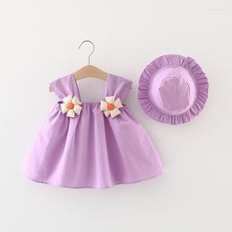 Girl Dresses 2pcs Infant Clothes Cute Flowers Sleeveless Cotton Baby Girls Dress Sunhat Princess Beach Toddler Born 1-3Y