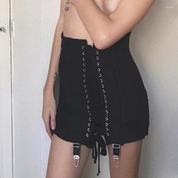 Skirts JIEZuoFang Sexy Women Lace Up High Waist Slim Black Skirt 2023 Clubwear Mini Female Gothic Style Fashion Buckle