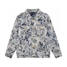 2024 Vintage Printing Denim Jackets Women Turn Down Collar Loose Casual Long Sleeve Coat Autumn Winter Street Tops