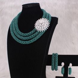 Necklace Earrings Set Dudo Bridal Wedding 3 Layers Teal Green African For Women With Bracelet And Nigerian Accessories