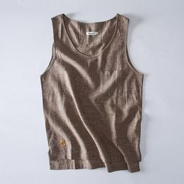 Mens Tank Tops Mens ärmlös Väst japan stil sommar andas mjuk linne manlig utmärkt randig undertröja fickor avslappnad