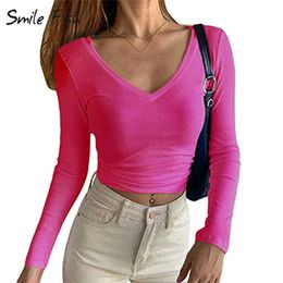 Women's T-Shirt Women's Long Sleeve V Neck Crop Top Ribbed Knit Slim Fitted Basic T-Shirts Autumn Streetwear Sexy Lady Hot Pink Tees Knit G1147 T230104