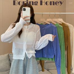 Women's T Shirts Boring Honey Korean Style Knitted Cardigan Women's Thin Hollow Out Single-Breasted Short Tops Women Long Sleeves