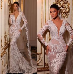 Fancy Lace Mermaid Wedding Dresses Deep V Neck Embroidery Bridal Gown Custom Made Appliques Illusion Wedding Gowns