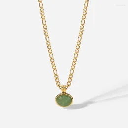 Pendant Necklaces Minar Textured Green Colour Jade Natural Stone For Women 14K Gold Plated Stainless Steel Oval Choker Necklace