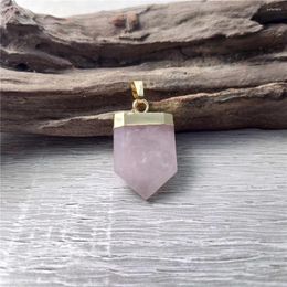 Pendant Necklaces FUWO Carved Shield Shape Pink Quartz Light Yellow Gold Color Energy Healing Crystal Accessories For Jewelry Making PD422