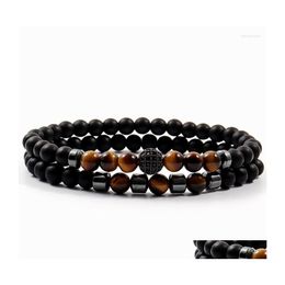 Charm Bracelets 2022 Trendy Disco Ball Bracelet Men Classic Pave Cz 2 Pcs/Set Tiger Eye Stone Matte Beaded For Jewelry Gift Drop Deli Dhmiv