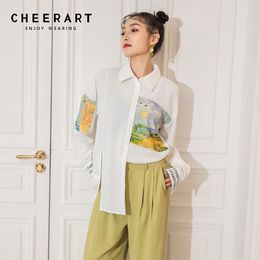Women s Blouses Shirts CHEERART Autumn Oil Painting Long Sleeve Blouse White Button Up Collar Oversized Shirt Designer Fashion 230104