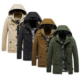 Men's Jackets Autumn Winter Camouflage Lining Coat Solid Color Buttons Loose Casual Hooded Detachable Large Size Pockets