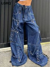 Jeans da donna LGRQ Moda Patchwork Allentato Vita alta Streamer Grandi tasche Pantaloni in denim dritto Donna Autunno 2023 19J2179 230105