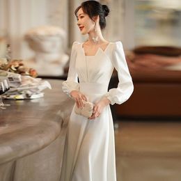 Casual Dresses S-3XL Ladies White Formal Elegant Dress Folds Ankle-length Puff Sleeve Square Collar Vintage Maxi Women Party Night Robe