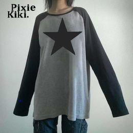 Women's T-Shirt PixieKiki Raglan Sleeves Star Print Graphic T Shirts Downtown Girl Y2k Grunge Clothes Grey Oversized Long Sleeve Top P77-CA27 T230104