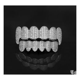 Grillz Dental Grills Bling 6 Teeth Set Gold Sier Plated Cubic Zirconia Cz Top Bottom Cap For Women Men Hip Hop Body Jewellery Drop Del Dhmpz