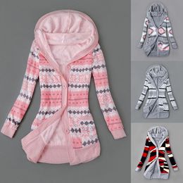 Women s Jackets Sweater Coat Striped Print Long Sleeve Autumn Winter Hoodie Buttons Closure Plush Lining Cardigan Outerwear 230104