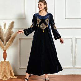 Ethnic Clothing Wepbel Arab Women Abaya Muslim Dress Plant Embroidered Leisure Gold Velvet Islamic Ramadan Large Swing Robe