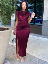 Party Dresses Women Dress Pleated Long Wine Red Elegant Slit High Collar Slim Fit Sleeveless Maxi Robes Female Shiny Gowns 2023 Spring
