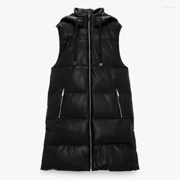 Women's Vests 2023 Black Hooded Women Fashion Zipper PU Leather Coats Elegant Long A Line Female Ladies JS