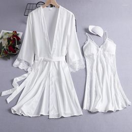 Women's Sleepwear Bride White 2PCS Bathrobe Gown Set Summer Lace Kimono Robe Suit Sexy Women Nightgown Loungewear Satin Home Clothes