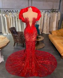 Red Mermaid Prom Dresses Sleeveless V Neck Appliques Sparkly Sequins Lace Hollow Beaded Floor Length Lace Sexy Formal Dresses Evening Gowns Plus Size Custom Made