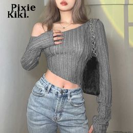 Women's T-Shirt PixieKiki Asymmetrical Crop Top Sexy Fashion 2022 One Shoulder Long Sleeve T Shirts Y2k Streetwear Clothes for Women P94-AH11 T230104