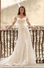 Luxury Lace A Line Wedding Dresses For Women 3/4 Long Sleeve Bride Dress Romantic Appliques Bridal Gowns