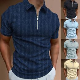 Men's Polos Casual Slim Short Sleeve Striped Zip Lapel T-Shirt Top Polo Shirt