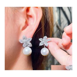 Charm Fashion Imitation Pearl Flowers Earrings Jewellery Bride Wedding South American White Aaa Cubic Zirconia Copper 18K Gold Sier De Dhe4D