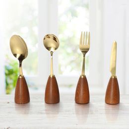 Dinnerware Sets 4PCS Wood Handle Stainless Steel Flatware Set Gold Reusable Cutlery Japanese Style Dinner Knive Fork Spoons Tableware