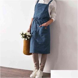 Aprons Uniform Lady Dress Denim Apron For Woman Cotton Fabric Garden Kitchen Baking Cooking Household Cleaning Accessories Y220426 D Dh2Pm