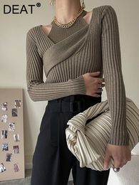 Men s Sweaters DEAT Fashion Women s 2 Pcs Set Halter Tank Tops Cross V neck Slim Knitted Long Sleeve Swearter Suit Autumn 2023 17A4082 230104