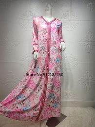 Casual Dresses Pink Floral Maxi Dress For Women Ethnic Ribbon V Neck Dubai Turkey Arabic Oman Moroccan Caftan Muslim Clothes 2023