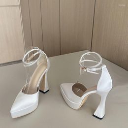 Dress Shoes 13cm White High Heels Women Rhinestone Cross Ankle Chunky Platform Spring Designer Evening Dresses Ladies Pumps