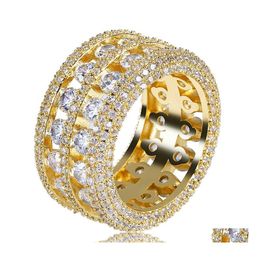 With Side Stones Double Rows Rings Hip Hop Shining 18K Real Gold Plated Cubic Zircon Diamond Finger Ring Jewelry Drop Delivery Dhot0