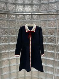 2024 Spring Navy Blue Peter Pan Collar Bow Knitting Women Dress Designer Long Sleeves Buttons Vestidos De Festa 112104