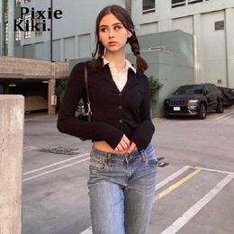 Women's T-Shirt PixieKiki Fake Two Piece Crop Top Black Long Sleeve Tees Korean Fashion Women Clothing 90s Style Fitted T Shirts P71-DE22 T230104