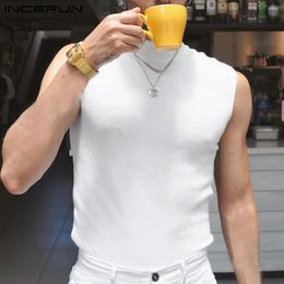 Men's Tank Tops INCERUN 2023 Men Fashion Knit Vests Male Holiday Solid Comfortable Party Nightclub High Neck Waistcoat S-5XL