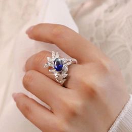 Wedding Rings Premium Luxury Dark Blue Zircon Floral Adjustable Women's Jewellery Prom Party Fashion Accessories Wife Gifts