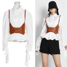 Women's Blouses Spring Autumn Brown Leather Suspender Vest Lapel Long-sleeved Pleated White Short Shirt Two Piece Set