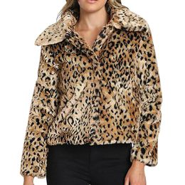 Women's Jackets Faux Fur Turndown-Collar Leopard Coat Womens Winter Warm Jacket Outerwear