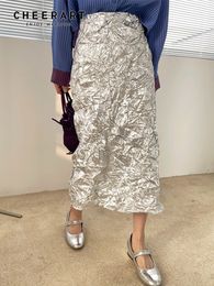 tutu Dress CHEERART Texture Silver High Waisted Skirt Women Metallic Fashion A Line Glitter Slit Long Midi Designer Clothes 230104