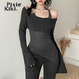 Women's T-Shirt PixieKiki Fashion Y2k Tops Irregular Halter Off Shoulder Long Sleeve Top Grey 2 Piece Set Womens T Shirts Street Clothes P94CH22 T230104