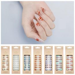 False Nails 24PCS/box Medium And Long Stiletto European American Almond Removable Nail Patches Fake Butterfly Leopard