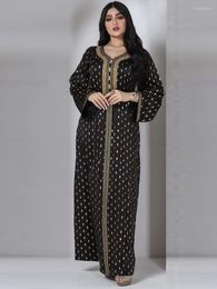 Casual Dresses Muslim 2023 Vintage Bronzing Print Black Dress Diamonds V Neck Long Sleeve Loose Abaya Saudi Arabia For Women