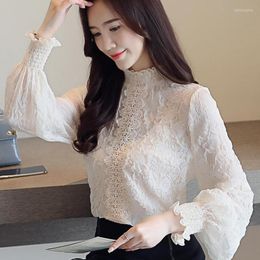 Women's Blouses Spring Fall Ladies Women Lantern Full Sleeve Ruffles Mandarin Collar Lace Patchwork Chiffon Blouse Woman Floral Xxl