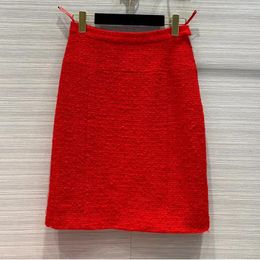 Skirts Fashion Pure Wool Red Tweed Skirt For Women High Quality Silk Liner Vintage Side Zip Straight Knee-Knee Ladies 2023