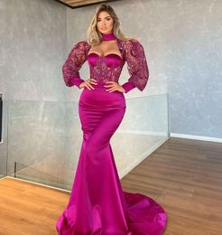 Rose Red Mermaid Prom Dresses Long Sleeves Sweetheart Halter Appliques Sequins Sparkly Satin Lace Beaded Floor Length Lace Sexy Formal Dresses Plus Size Custom Made